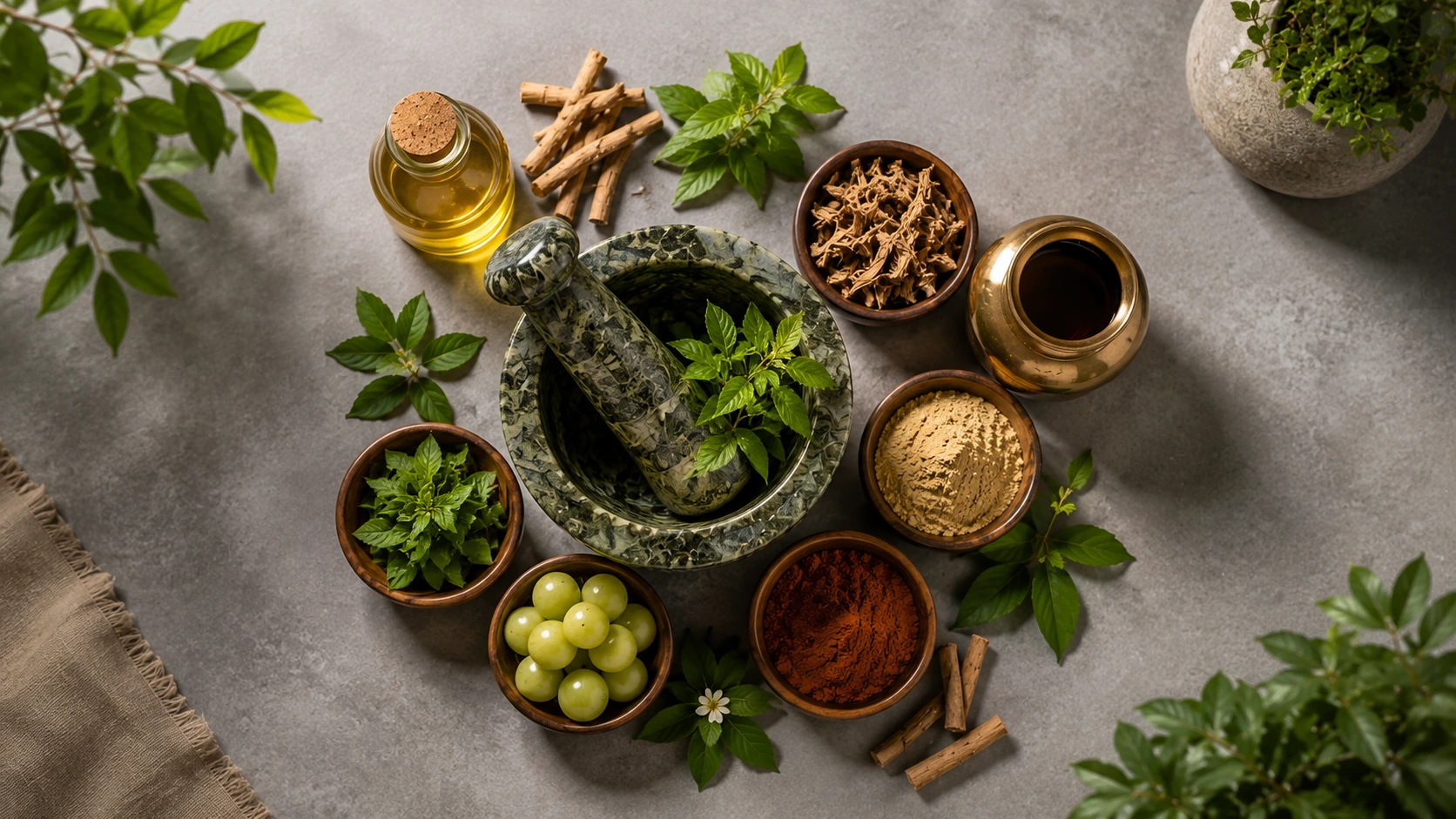 Ayurvedic ingredients arranged on warm linen